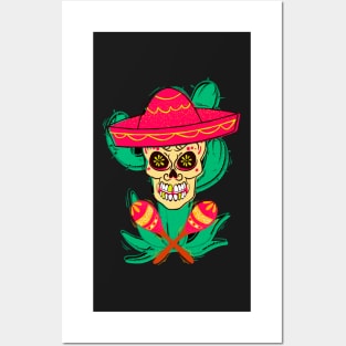 Mexican sugar skull with hat and maracas. Posters and Art